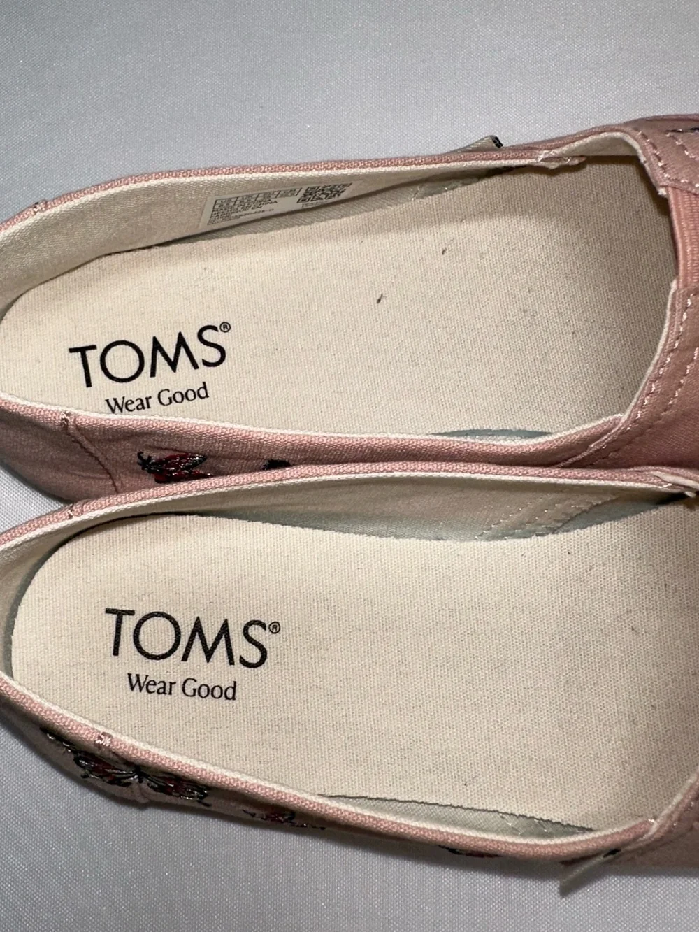 TOMS Women Size 8.5 Pale Pink Canvas Butterfly Embroidery Alpargata Slip On